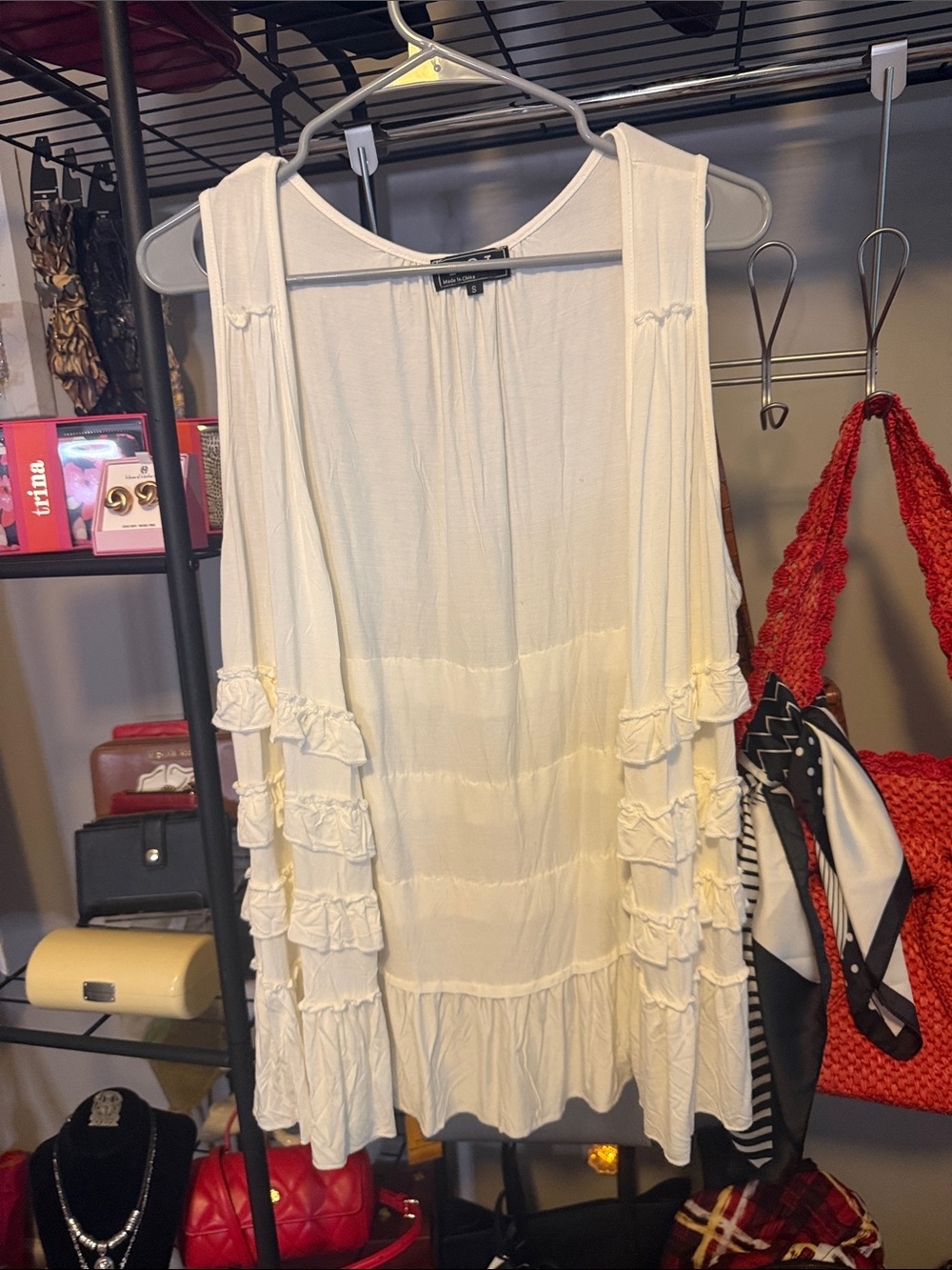 POL Cream Sleeveless Ruffle Trim Top